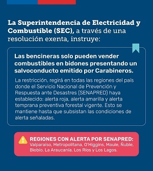  SEC INSTRUYE RESTRICCIÓN DE VENTA DE COMBUSTIBLES EN BIDONES EN ZONAS AFECTADAS POR INCENDIOS FORESTALES.