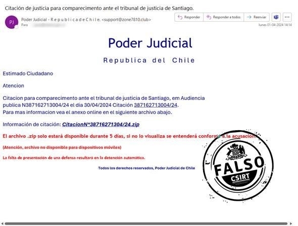 Poder Judicial alerta sobre correo malicioso que informa sobre falsa citación a tribunales