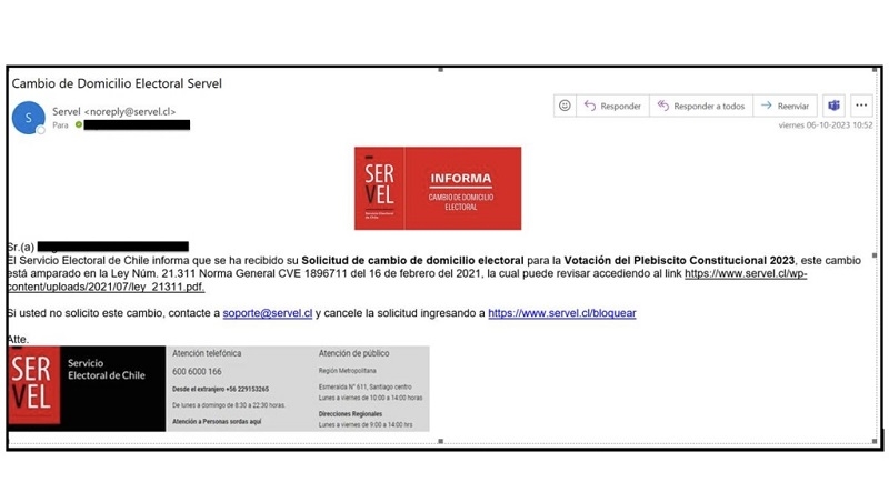  SERVEL alerta por correo malicioso sobre supuesto cambio de domicilio electoral