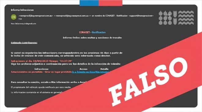 Conaset alerta sobre mail fraudulento con cobros por multas de tránsito.